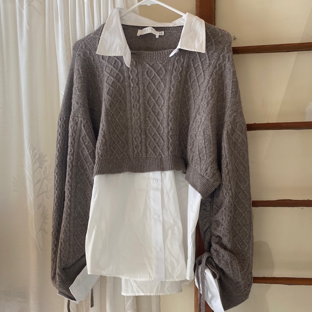 Astr Taupe Cable Knit Sweater with White Collar